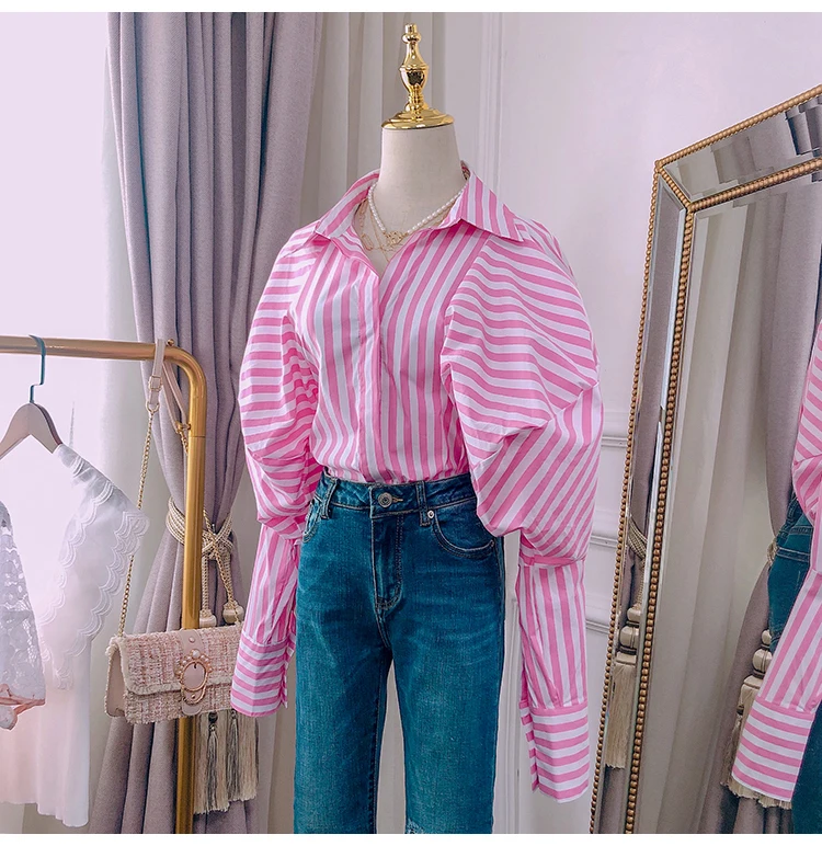 YEAR New Palace Puff Sleeves Women Blouse Striped Asymmetrical Casual Lady Shirt Clothes FOR Street