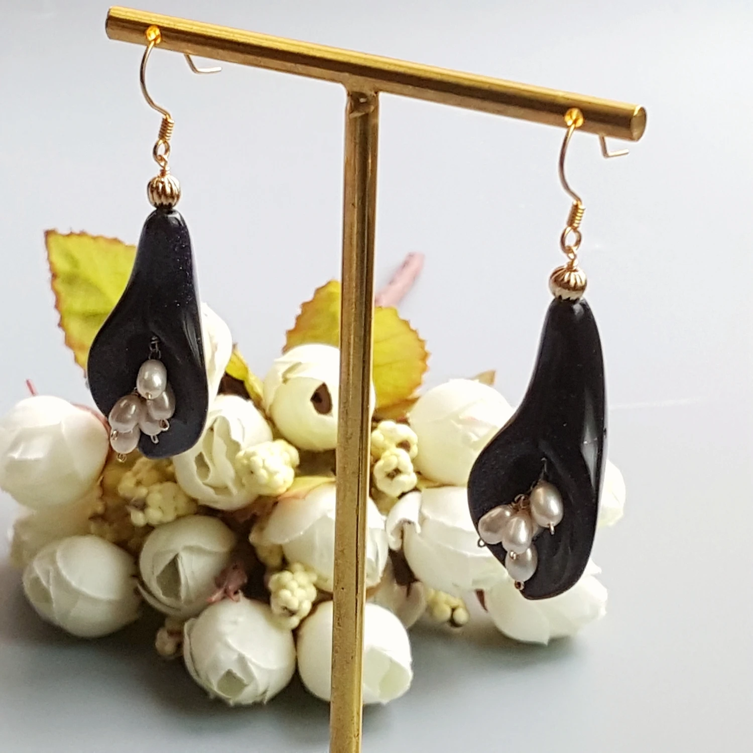 LiiJi Calla lily Blue Goldstand камень пресноводный жемчуг бусины Цветок серьги 925 Висячие серьги из серебра 925 пробы изысканные ювелирные изделия