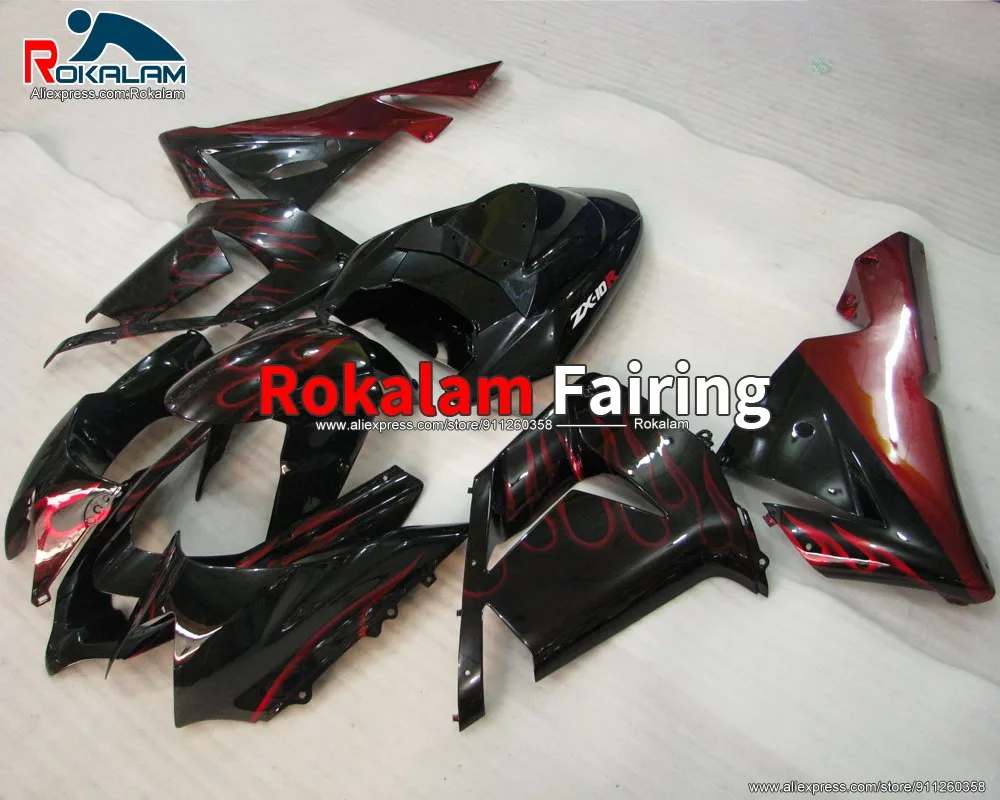 

Коровки для Kawasaki ZX10R Ninja 2004 2005 ZX-10R 04 05 красное пламя черное обтекатель для мотоцикла (литьё под давлением)
