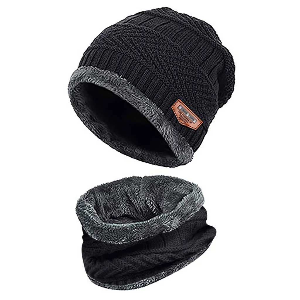 Black Мужская теплая шапка Skullies+ мягкий шарф, комплект из двух предметов, зимняя утолщенная шапка, Мужская ветрозащитная вязаная шапка, грелка для шеи# T5P - Цвет: Black