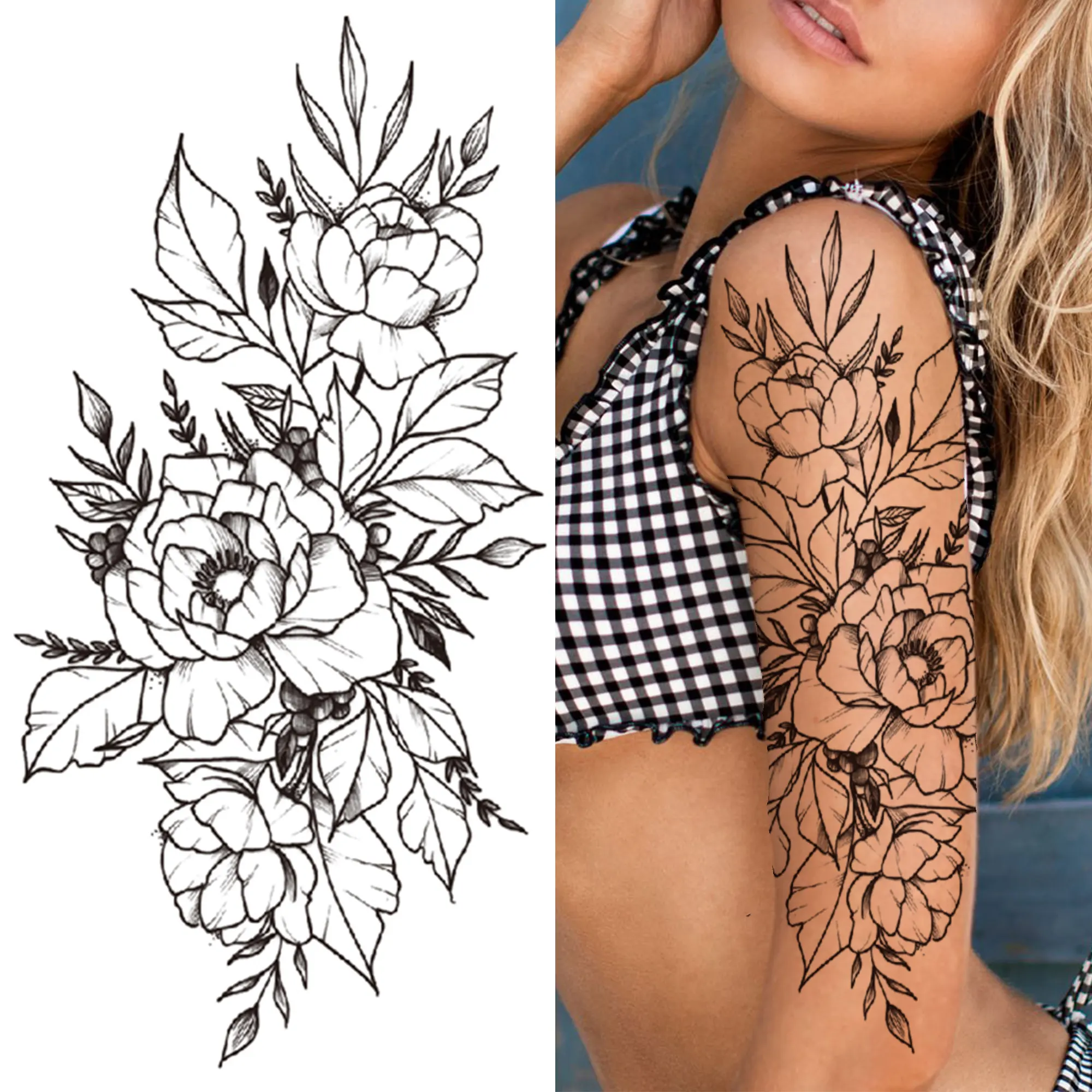 Realistic Fake Peony Temporary Tattoos For Women Girl Black Rose Elephant  Flower Tattoo Sticker Tiger Anemone Tatoos Half Sleeve - Temporary Tattoos  - AliExpress