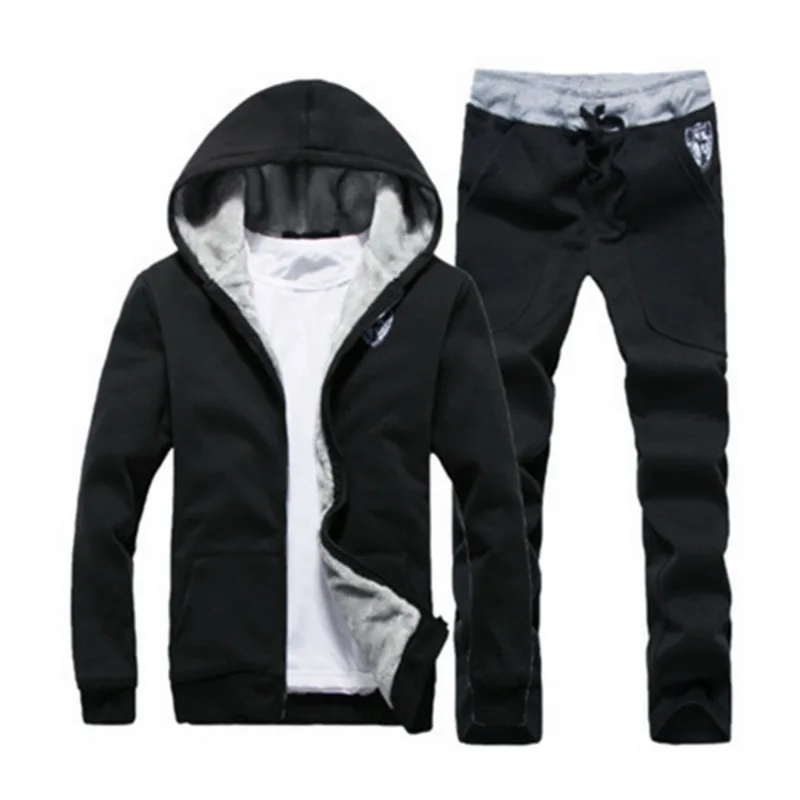 Adisputent Autumn Winter Thick Men Suits Men's Sportswear Tracksuit with Zipper Hoodie Two Pieces Set Drawstring chandal hombre - Цвет: black