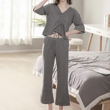 

Spring New Women Cotton Half-Sleeved Pajamas Sexy Thin V-Neck Solid Pijama Mujer Loungewear Home Clothes Luxury Sexy Clothes