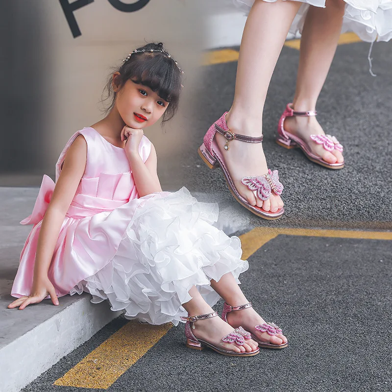 

Girls High-heeled Sandals Little Princess New Style Man-made Diamond Bow xia ji xie Soft-Sole Silver Flat Keel Thin Shoes Networ