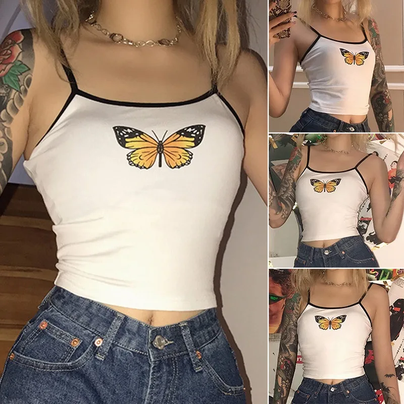 Summer Fashion Sexy Women Ladies Butterfly Print White Tank Tops Sleeveless Wear Strappy Tank Top Vest Summer Short Crop Tops