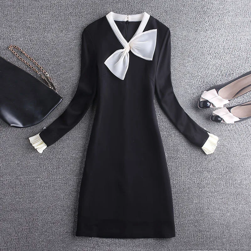 

Chiffon Dress Women's Spring 2020 New Style Bow Loose Autumn Elegance Elegant Black And White with Pattern A- line Skirt Sub-