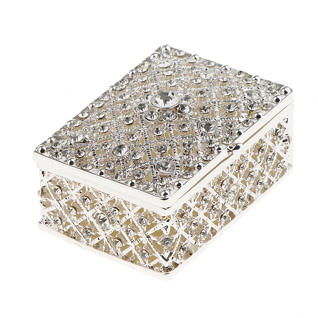 Rhinestone Hollow Storage Box silver color Plated Trinkets Magnet Clasp Case Wedding Gift Room Decorations