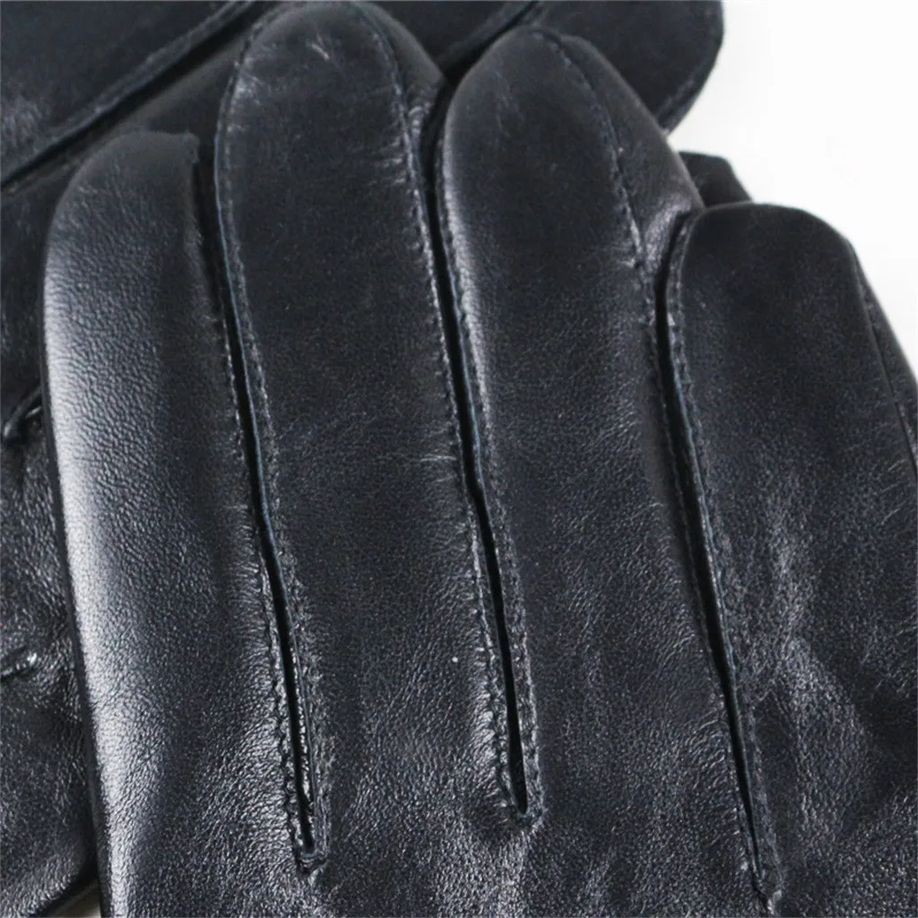 Leather Warm Thermal Lined Wrist Strap Gloves Men Winter Touch Screen Mittens Windproof Sports Fitness Outdoor Skiing Glove#LR3