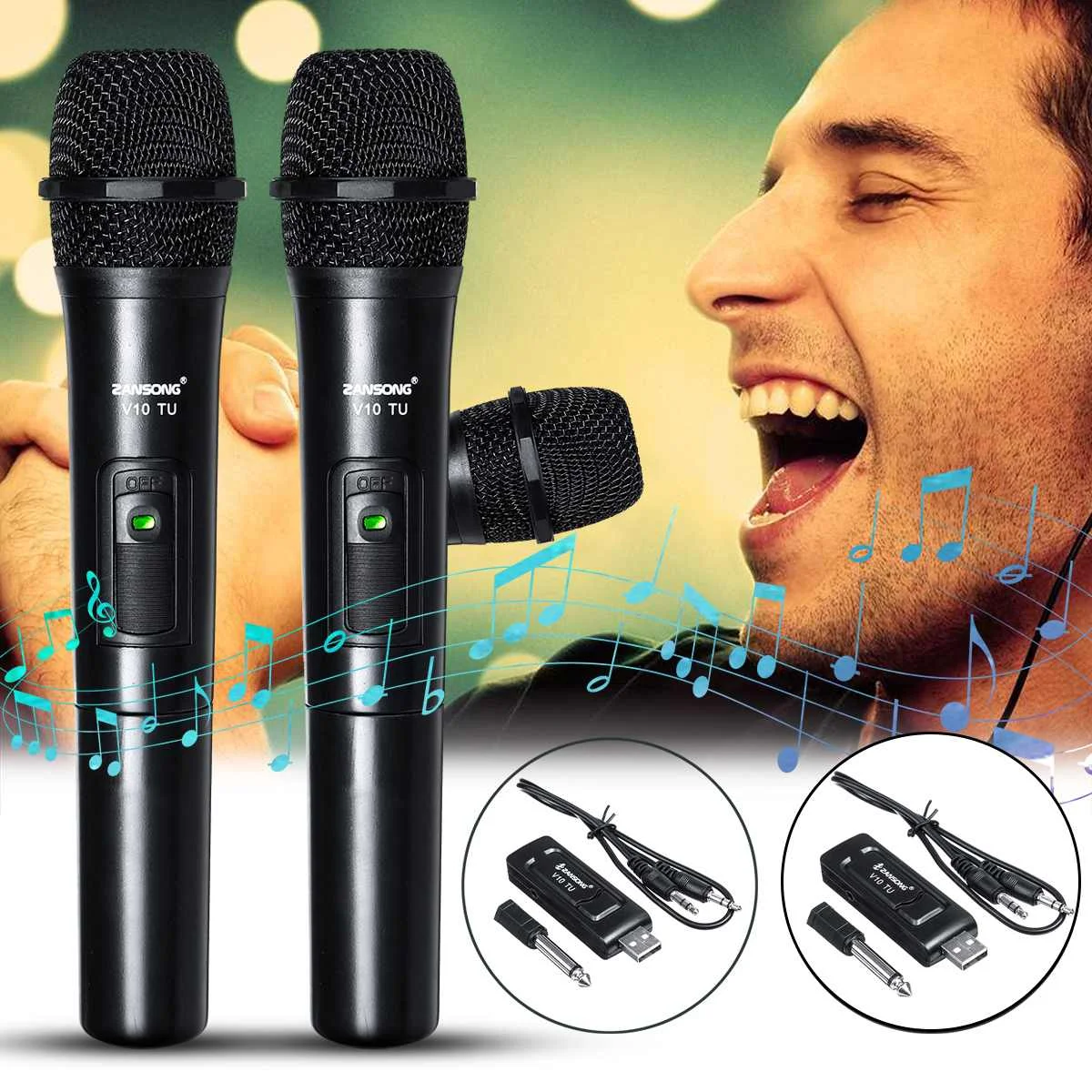 1/2 Uds. MICRÓFONO INALÁMBRICO VHF para DJ, altavoz de Karaoke con 2 micrófonos portátiles, receptor USB de selección automática independiente/híbrida