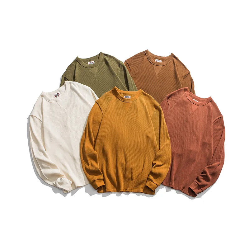 Quality men crew neck Long Sleeve waffle T-shirt cotton washed L/S tops | Мужская одежда