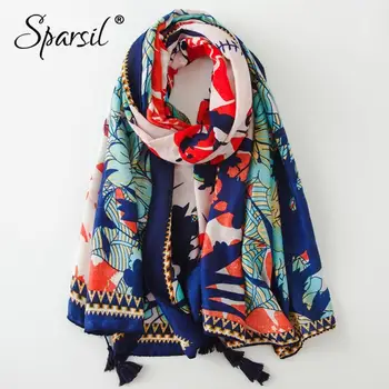 

Sparsil Women Thin Stylish Printed Tassel Scarves 180*90cm Soft Cotton Linen Big Beach Shawls Female Autumn Spring Comfort Wraps