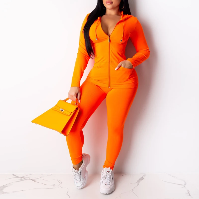 Autumn Women Zipper Up Long Sleeve Hooded Top Pencil Pants Suit Two Piece Set Casual Sporting Tracksuit Neon Green Outfits - Цвет: orange