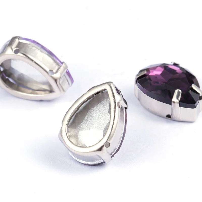 Fancy Purple Violet Top Stone Tear Drop Glass Crystal Strass High Quality Sew-on Rhinestones With Claws Sew On Clothes Crafts
