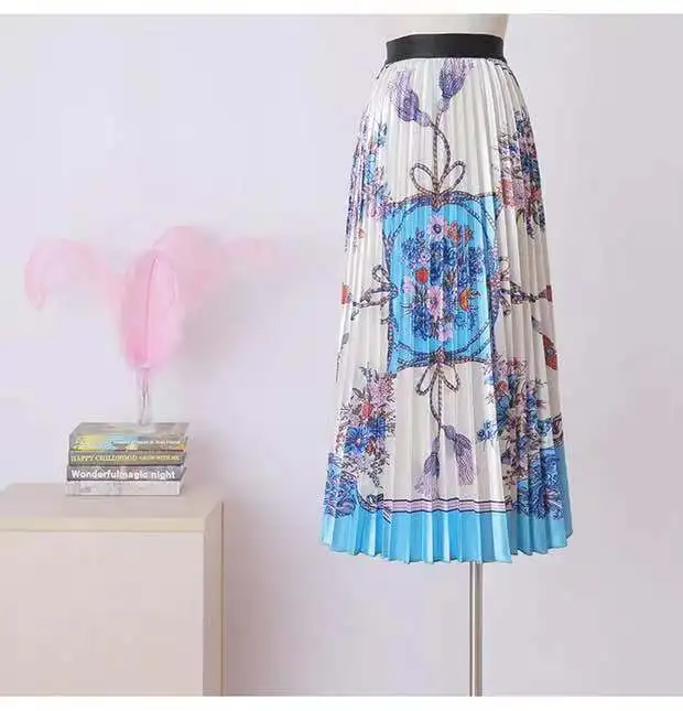 

high waisted pleated Length skirt women solid color ruffle Length skirt Elastic Waist Print Maxi Dress Medium