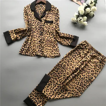 

Spring And Summer Long-sleeved Pajamas Women's Sleepwear Ice Satin Silk Home Service Sexy Leopard Print Fulle Lenght Pants