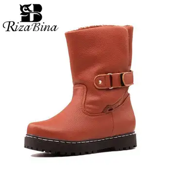 

RizaBina Ankle Boots For Women Vintage Round Toe Flat Boots Platform Buckle Snow Boots Keep Warm Black Shoes Plus Size 30-52