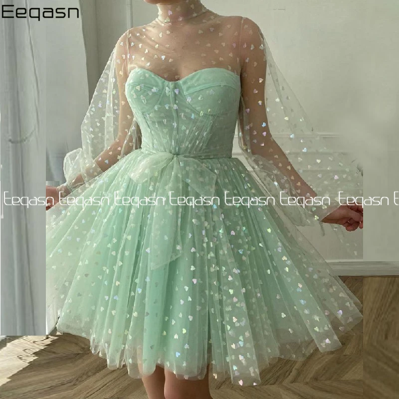 

Fashion Mint Green Short Cocktail Dresses Long Puff Sleeve Printed Hearts Tulle A Line Women Prom Wedding Party Dress