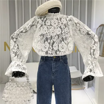

Lace Blouse Women 2020 Spring New Stand Collar Palace Lace Doll Shirt Women's Crochet Hollow Transparent Lace Shirt Basic Top