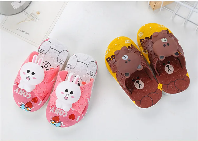 Детская домашняя обувь; Противоскользящие тапочки для девочек и мальчиков; домашняя пляжная обувь для маленьких мальчиков и девочек; Детская домашняя обувь; От 1 до 9 лет с объемным рисунком медведя и кролика
