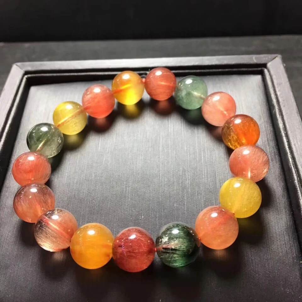 

Genuine Natural Colorful Rutilated Quartz Hair Crystal Clear Round Beads Bracelet For Women Men Reiki Stone 11mm 12mm AAAAA