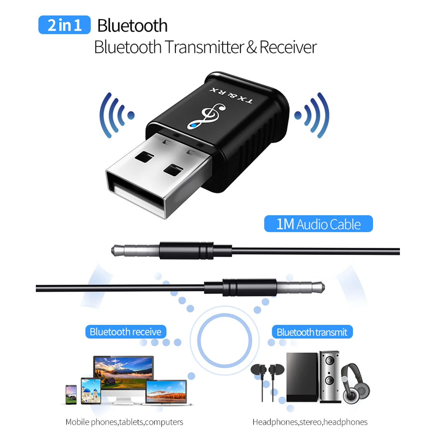 Vococal Bluetooth 5,0 приемник передатчик с 3,5 мм Aux кабель для автомобиля ПК ТВ компьютер ноутбук MP3 смартфон беспроводной адаптер