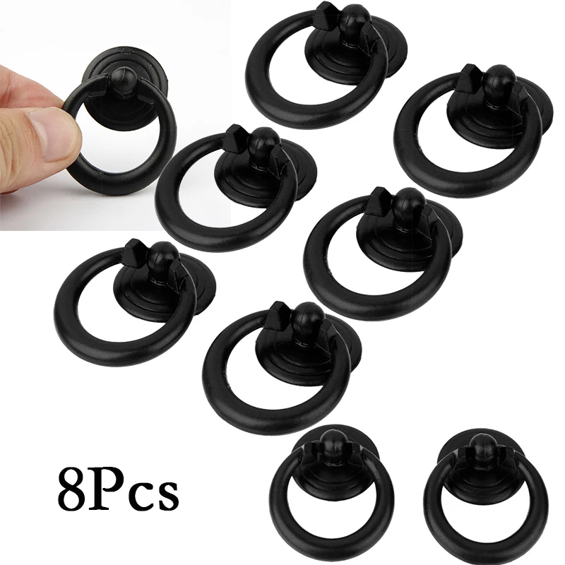 

8x Black Ring Pull Handle Cabinet Knob Drawer Dresser Cupboard Drop Zinc Alloy