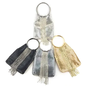 

15x20CM New Tassel Evening Bag Aluminum Sheet Rhinestone Ring Handle Women Soft Bag a5650
