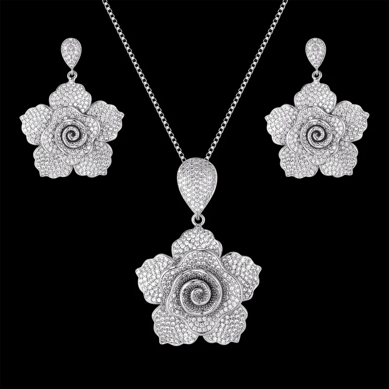 

Funmode Hot Luxury Bridal Wedding Party 3 Colors Flower Design Jewelry Set For Women accesorios parure Necklace Earring FS251