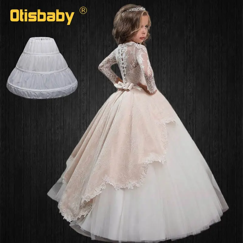 New Floor Length Kids Long Sleeve Lace Floral Wedding Evening Dresses for Girls Birthday Party Ball Gown Princess Ceremony Dress | Детская