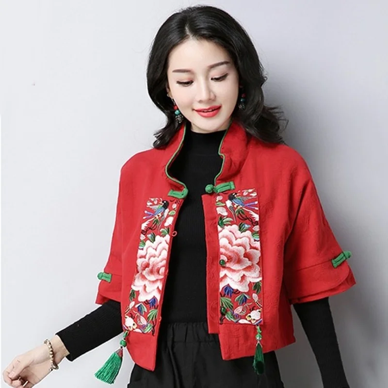 Cheongsam Топ Qipao этнический стиль вышивка традиционная китайская одежда для женщин короткие топы красный черный китайский Qipao TA2145