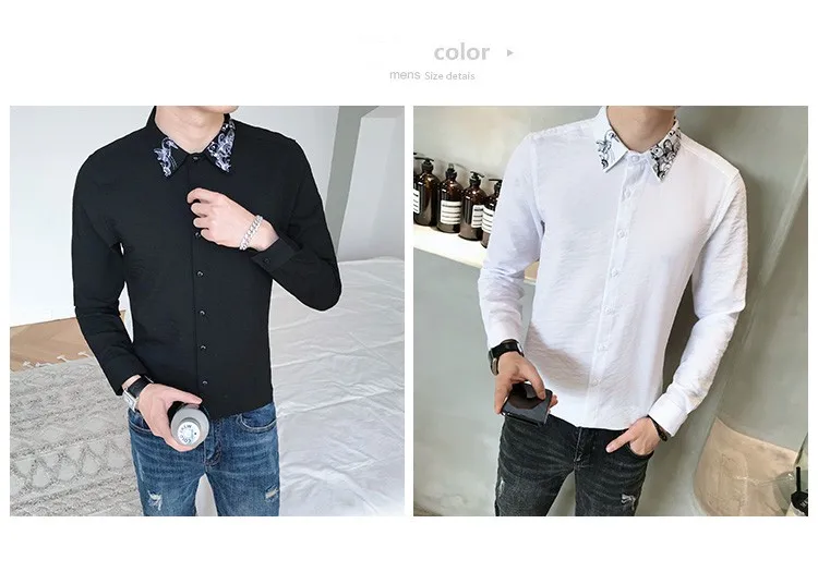 2019 Весенняя Мужская рубашка с принтом модная парикмахер Slim Fit с длинным рукавом рубашка-смокинг мужской ночной клуб белый повседневные
