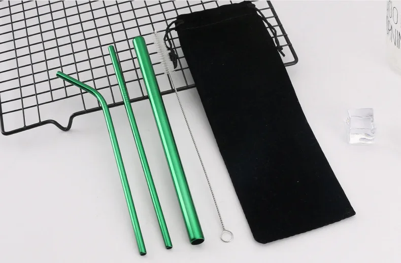 10set 304 Stainless Steel Straw Metal Straws 215*6mm Reusable Straw Drinking Straws Set Brush Bag 4pcs/set