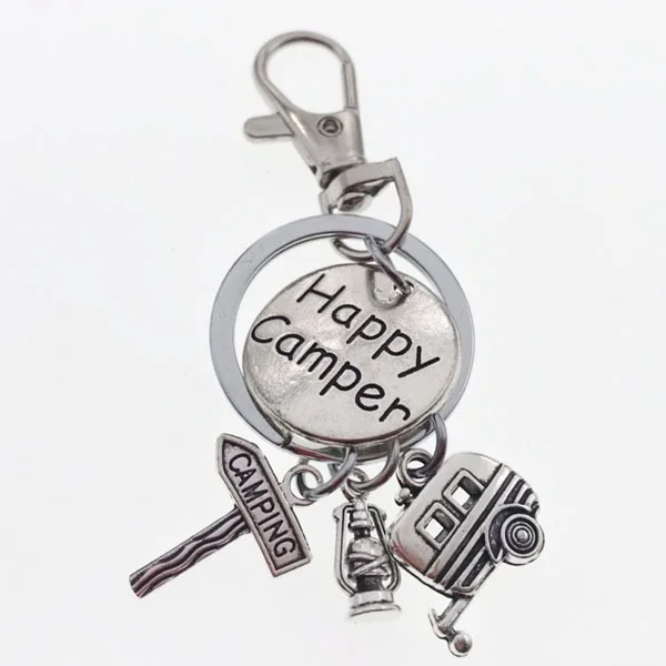 Happy Camper Charm Keychain Kerosene lamp Key Ring Camping Wanderlust Campers RV Keychains Camp Lovers Gifts | Украшения и