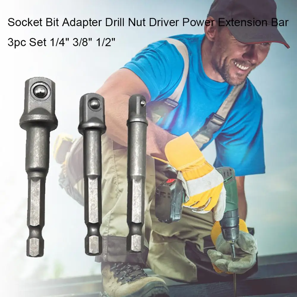 

Drill Socket Adapter for Impact Driver with Hex Shank to Square Socket Drill Bits Bar Extension Set 1/4" 3/8" 1/2 Bit Set