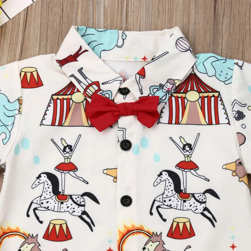 Детский Костюм Джентльмена для маленьких мальчиков футболка с принтом в виде цирка и галстуком-бабочкой и шорты комплекты летней одежды из 2 предметов для мальчиков на Рождество От 0 до 5 лет
