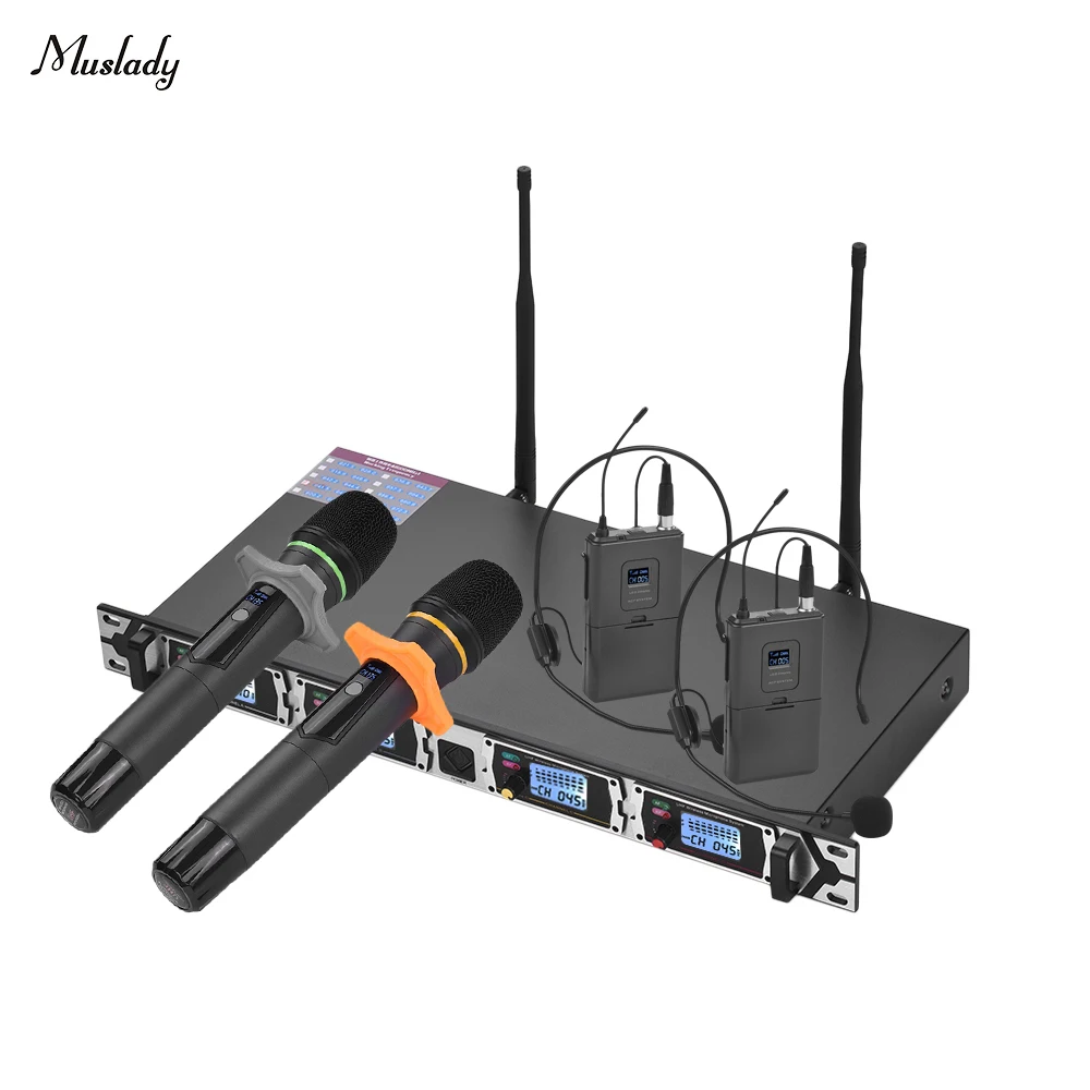 Беспроводная микрофонная система Muslady D4 4 канальная UHF 2 микрофона для гарнитуры с