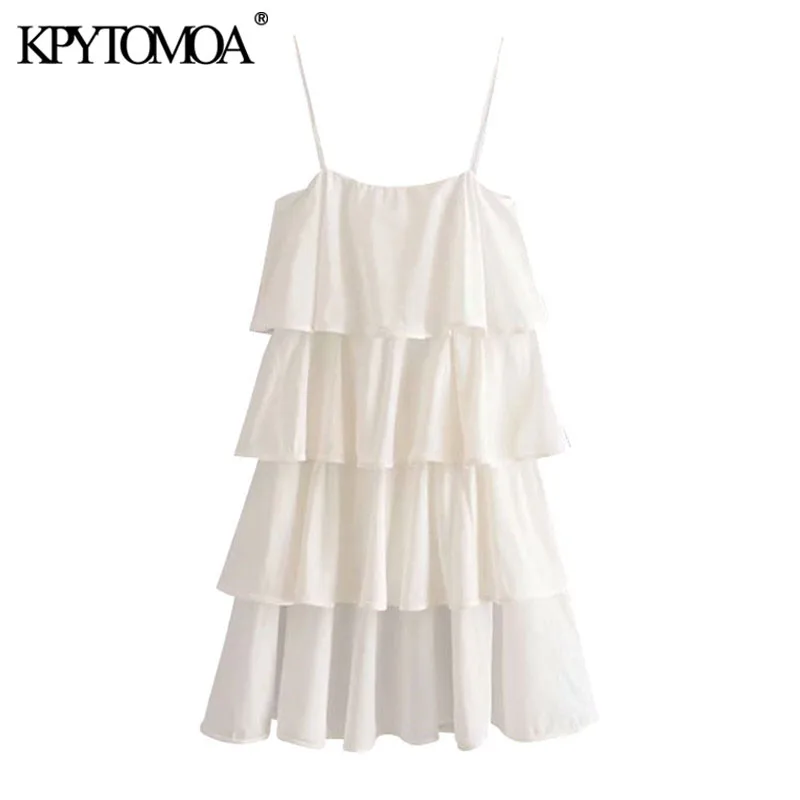 KPYTOMOA Women 2020 Sweet Fashion Ruffle Trim Mini Dress Vintage Straight-cut Neck Sleeveless Thin Straps Female Dresses Mujer KPYTOMOA Women 2020 Sweet Fashion Ruffle Trim Mini Dress Vintage Straight-cut Neck Sleeveless Thin Straps Female Dresses Mujer