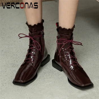 

VERCONAS Office Lady Genuine Leather Ankle Boots For Women Autumn Winter Low Heels Shoes Woman Lace-Up Zipper Square Toe Boots
