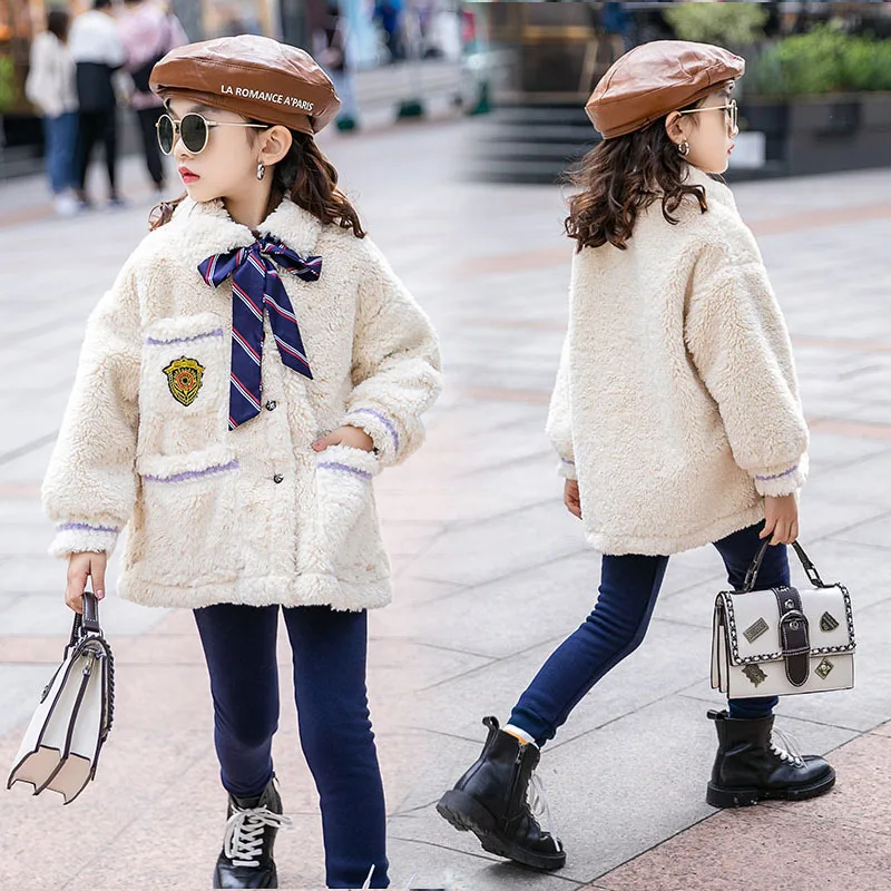 

2020 Winter New Girls Outerwear Fleece College Style Overcoat Children Fur Coat Thicken Teens Student Jacket for Kids Clothes