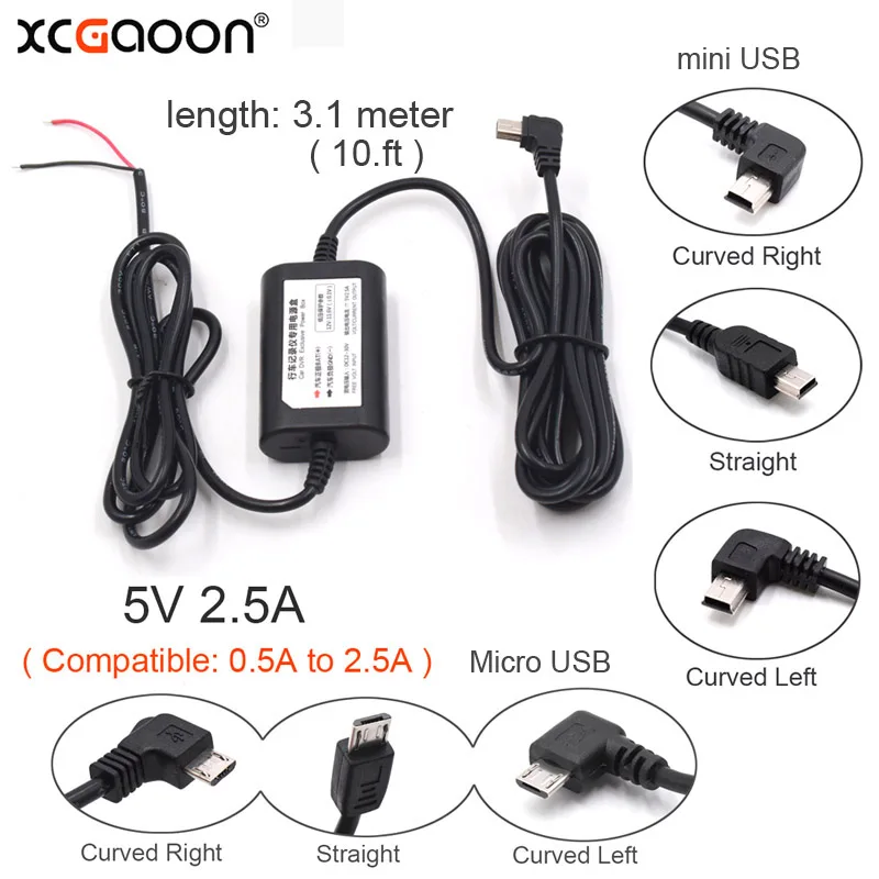 XCGaoon постоянного тока 12В/24В 5В 2.5A 3,1 м Mini USB жесткий провод комплект оборудования для Dash Cam Reaview зеркало Камера автомобильное зарядное устройство для GPS с автоматической зарядкой