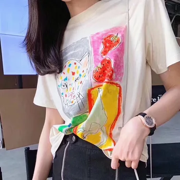 

2020 Spring Summer Women's Graffiti Printed Leopard Head Rhinoceros Cotton Loose Short Sleeve T-shirt G1