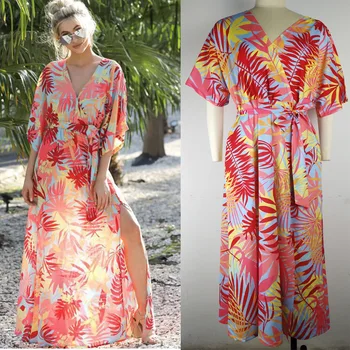 

Beach Cover Ups Tunic Cape On Swimsuit Clothes Swimwear Womens Express New Printed Loose Size Forked Dresses Acrylic Print