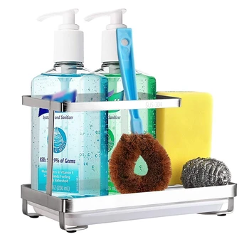 

Sink Sponge Caddy Stainless Steel Kitchen Organizer Sink Drain Rack Dishwashing Soap Holder with Removable Drip Tray
