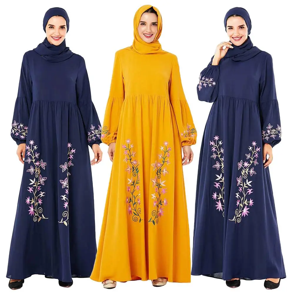 Винтажное мусульманское Женское Платье макси с вышивкой Абая с пышными рукавами мусульманское повседневное свободное арабское