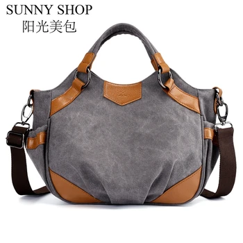 

SUNNY SHOP Shoulder Bag Satchel Tote Women Canvas Handbag Large Capacity Hobo Bag Messenger Vintage Patchwork Leather