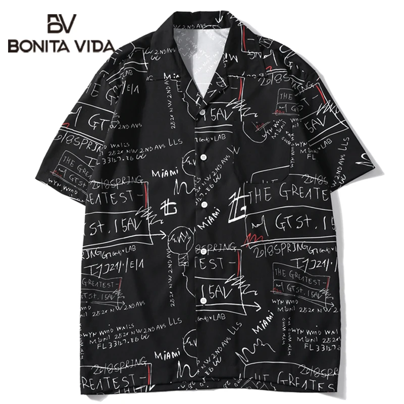 

Bonita Vida Hawaiian Streetwear Men Hip Hop Short Sleeve Shirts Graffiti Print Harajuku Beach Shirt Summer Casual Shirt Tops