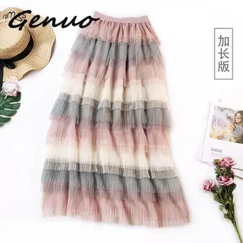 

Genuo New 2020 Tulle Skirt For Women Spring-winter Cake-skirt High Waist Euro-American Fashionable Striped Long Skirt