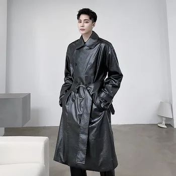 

Male Vintage Double Breasted Belt Windbreaker Jacket Outerwear Men Padded Cotton Thicken Faux Leather Long Trench Coat Overcoat
