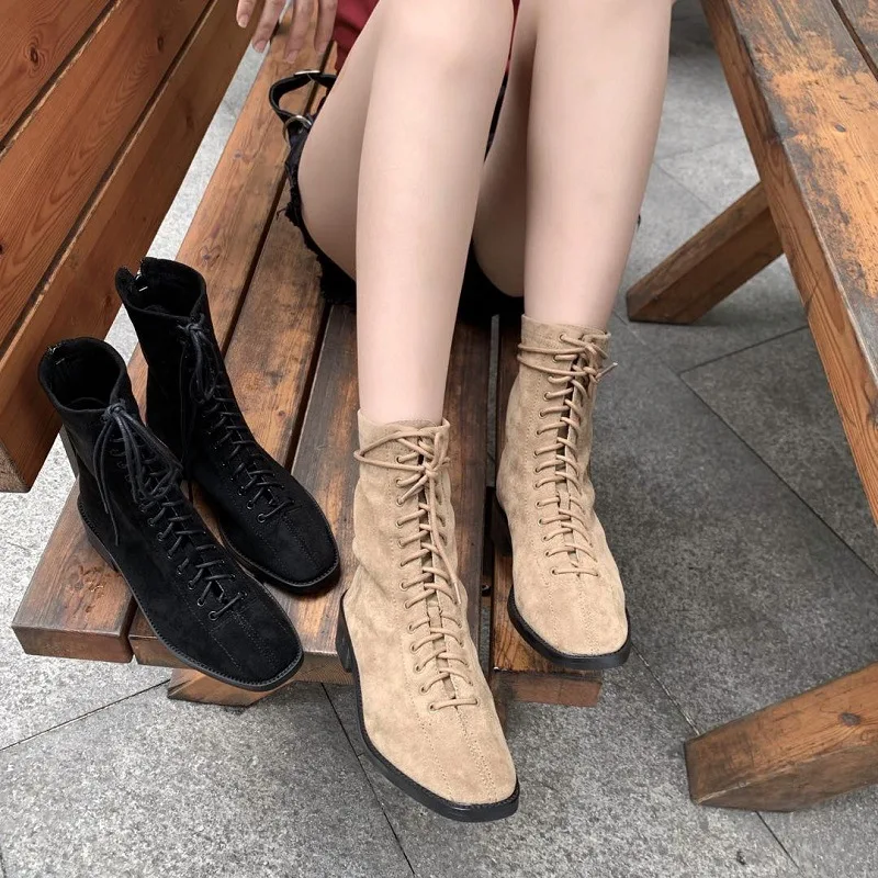 

Zipper Woman Flat Boots Women's Shoes Platform Chunky Heel Leather Booties Winter Footwear Boots-women Round Toe Lace Up Low