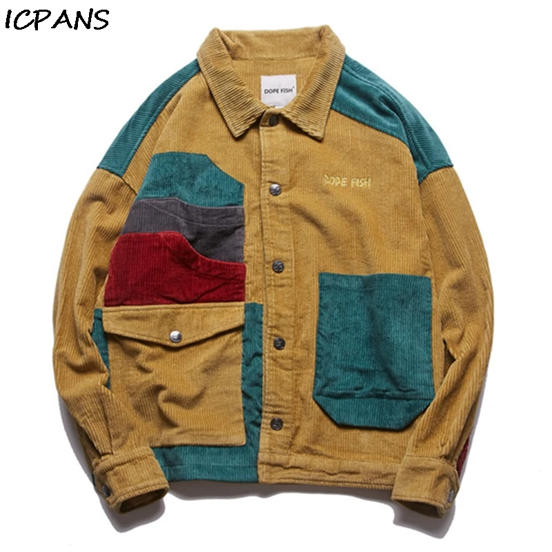 

ICPANS Men Hip Hop Corduroy Jacket Retro Color Block Jacket Shirt Streetwear Harajuku Multi Pockets Jackets Reggae 2019 Autumn